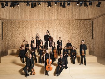 Eine Gruppe klassischer Musiker posiert mit ihren Instrumenten auf einer hölzernen Konzertbühne. Sie tragen elegante, dunkle Kleidung.