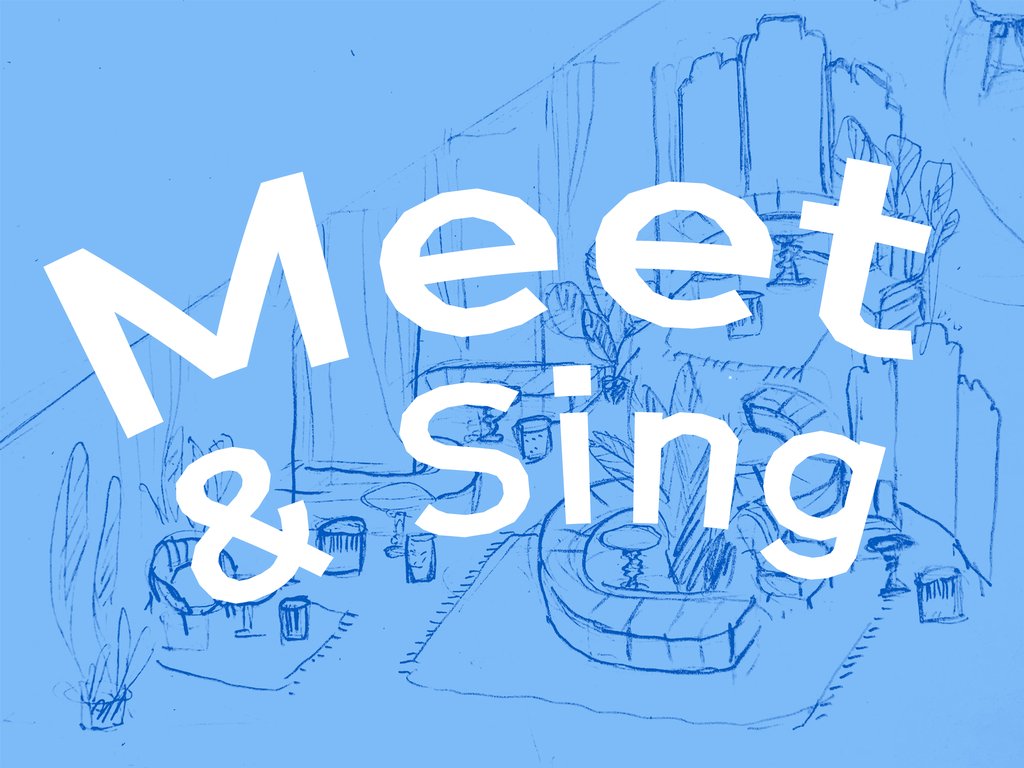 Blauer Hintergrund mit stilisierter Zeichnung eines gemütlichen Raums. Überlagert von dem Text "Meet & Sing" in Weiß.